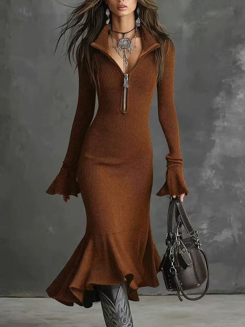 Casual Knit Style Dress for Women, Long Sleeve Mermaid Dress